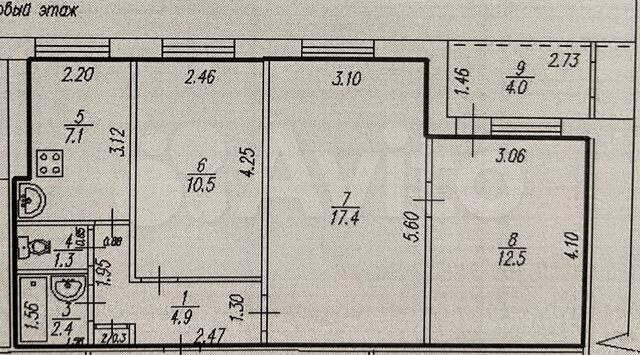 3-к. квартира, 56,4 м², 1/9 эт.
