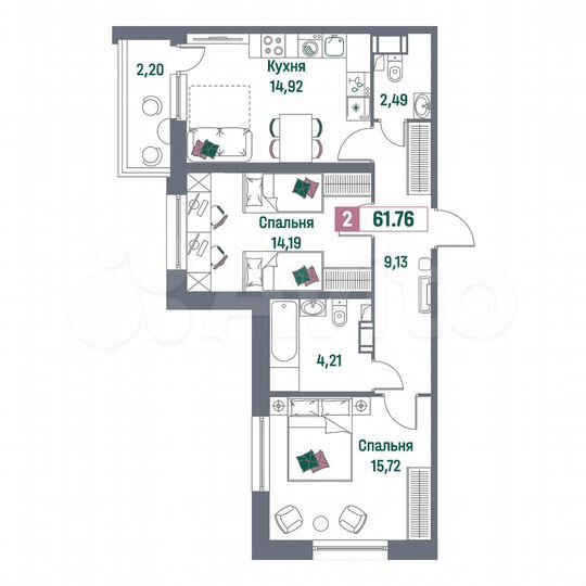 2-к. квартира, 61,8 м², 3/16 эт.