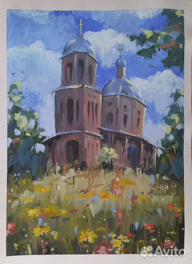 Картина гуашь 30*40 Церковь в поле