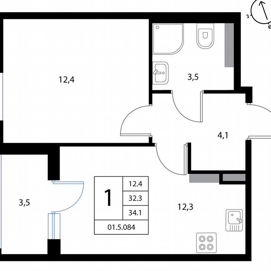 1-к. квартира, 34,1 м², 3/3 эт.