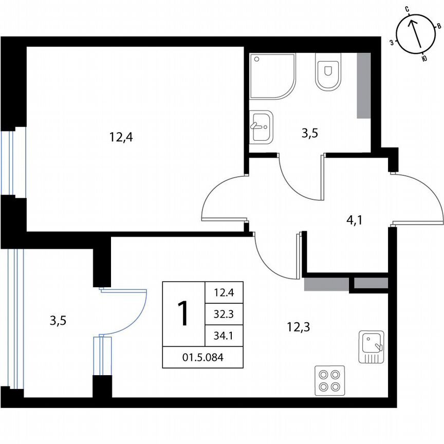 1-к. квартира, 34,1 м², 3/3 эт.