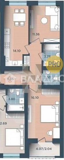 2-к. квартира, 59,2 м², 1/4 эт.