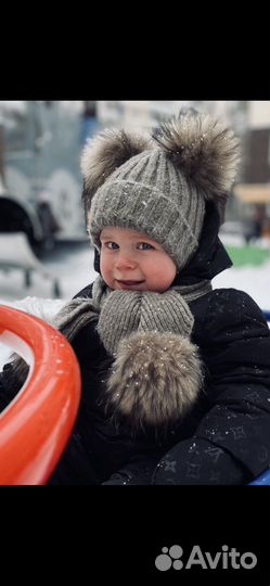 Шапка и шарф с помпонами нат. Мех от 6 мес