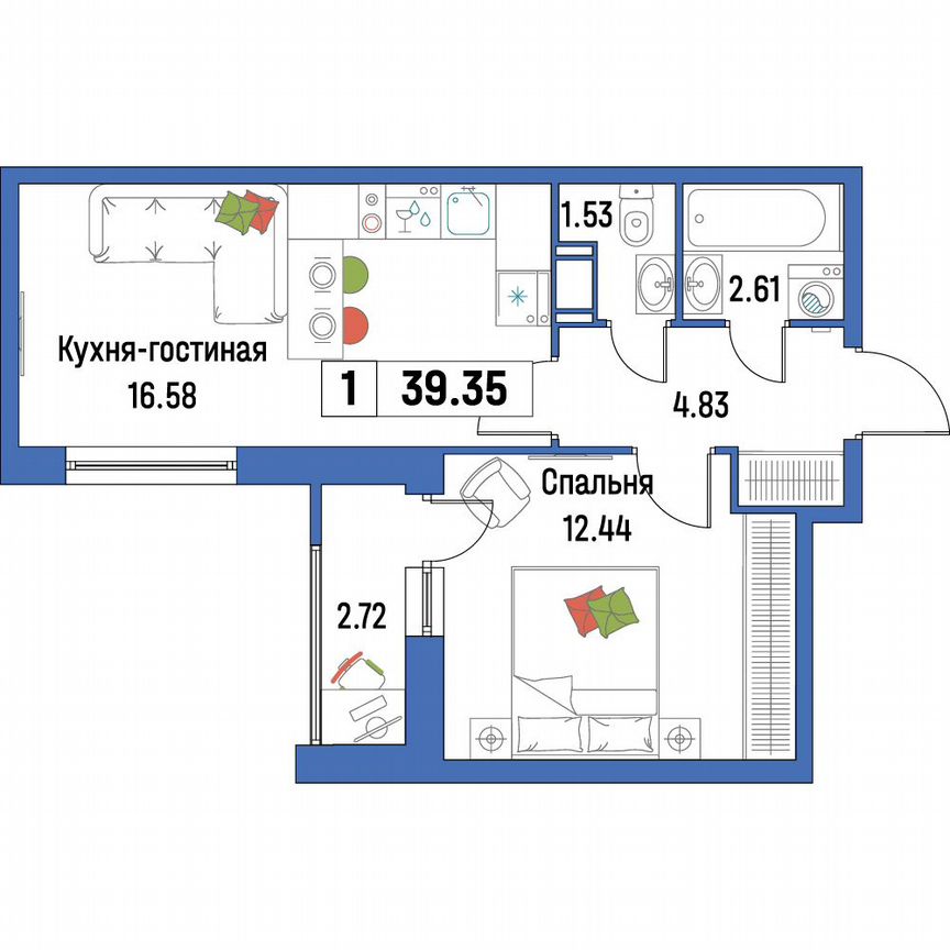 1-к. квартира, 39,4 м², 15/16 эт.