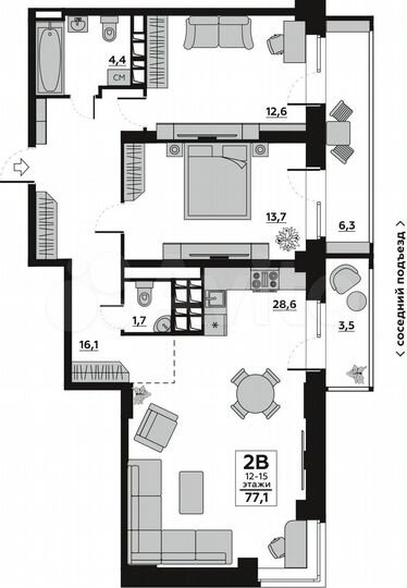 2-к. квартира, 82 м², 15/19 эт.