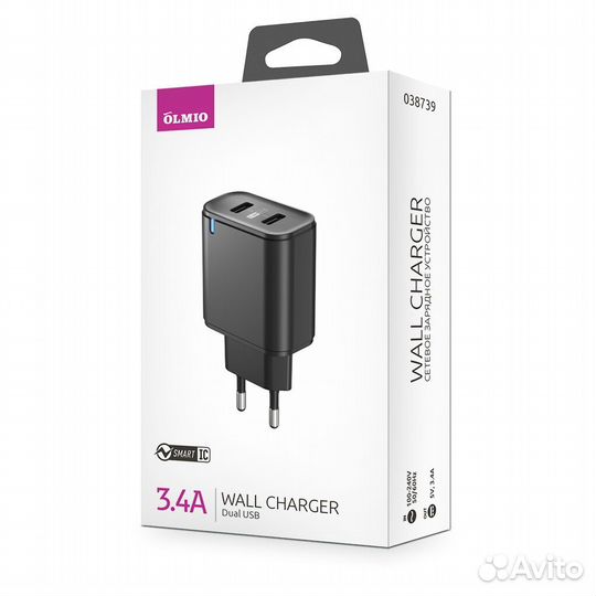 Сзу olmio 2хUSB, 3.4A, Smart IC, черное