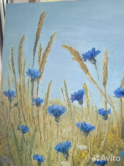 Картина маслом поле и цветы