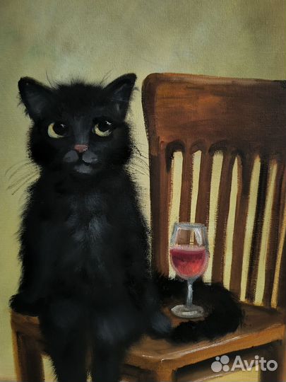 Картина маслом на холсте Кот и винишко 40х50