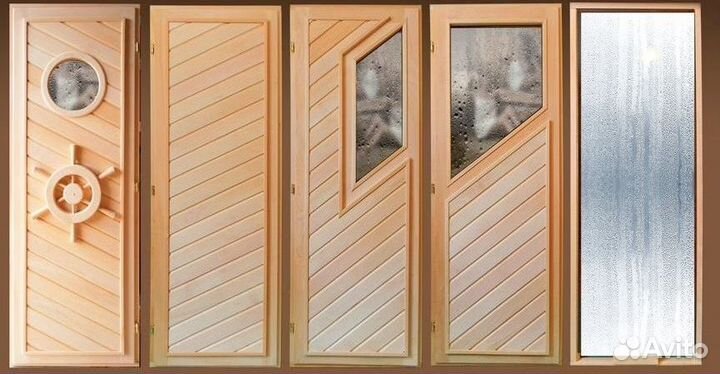 Двери стеклянные деревянные для бани