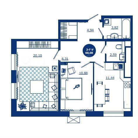 2-к. квартира, 60,1 м², 9/17 эт.