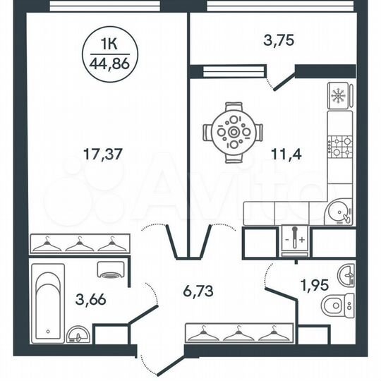 1-к. квартира, 44,9 м², 15/17 эт.