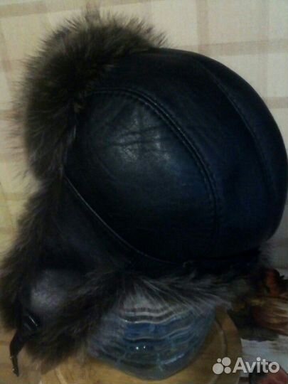 Мужская шапка ушанка кожа енот