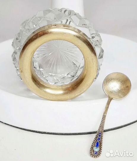 Солонка с ложечкой. Серебро 875пр, хрусталь