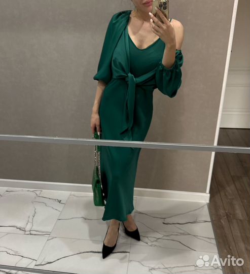 Платье комбинация 2 в 1 зеленое s-m