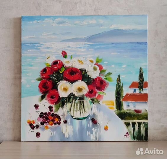 Картина холст масло 70*70 море розы утро