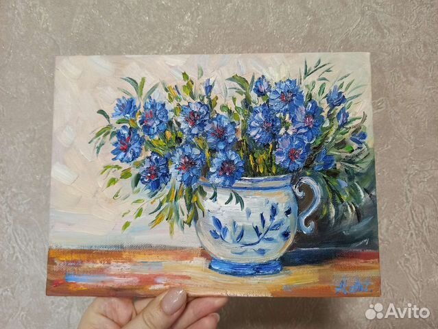 Картина маслом натюрморт цветы васильки