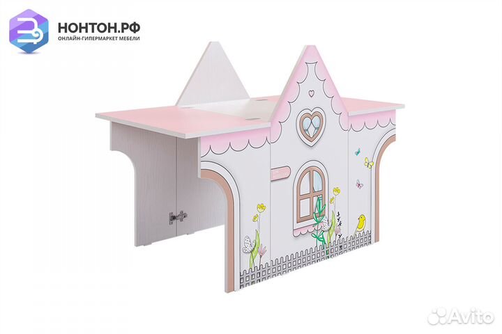 Стол-трансформер Домик белое дерево / розовый
