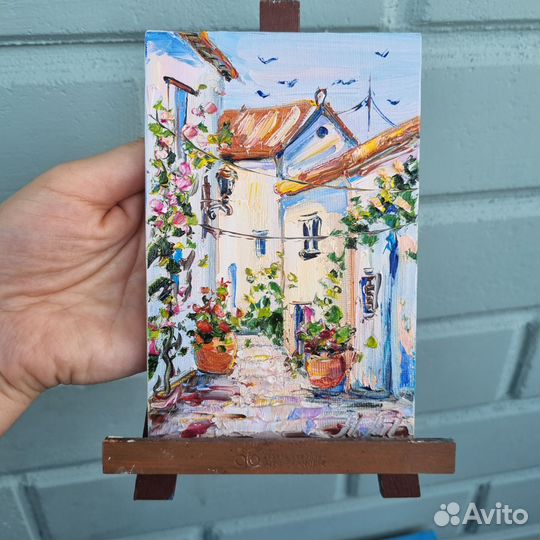 Картина маслом пейзаж Греции миниатюра цветы город