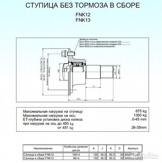 Ступица для прицепа кнотт 650кг, 98х4, Тип FNK12