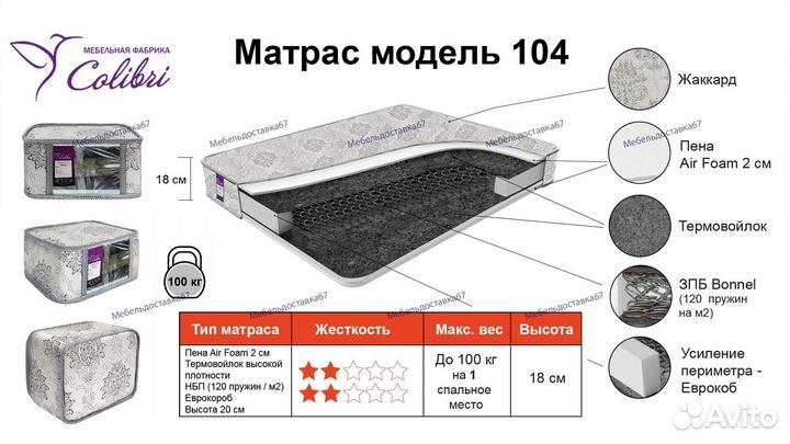 Матрас 70,80,90,120,140,160 Colibri мод.104