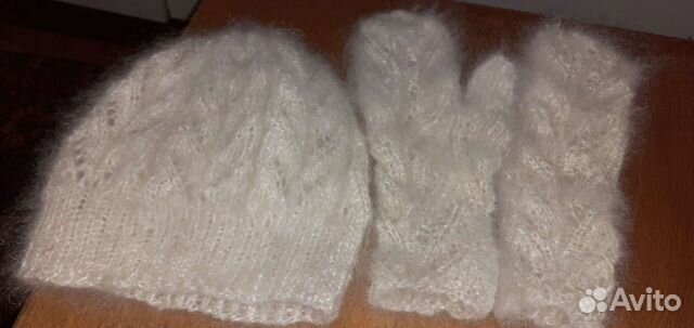 Комплект шапка и варежки ажур козий пух