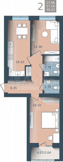 2-к. квартира, 59,2 м², 2/4 эт.