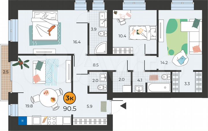 3-к. квартира, 90,5 м², 5/6 эт.