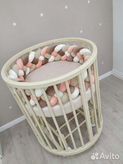 Кроватка круглая овальная, бук, матрас, маятник