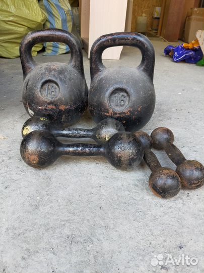 Гантели 2 кг, 5 кг, гири 16 кг (2 штуки)