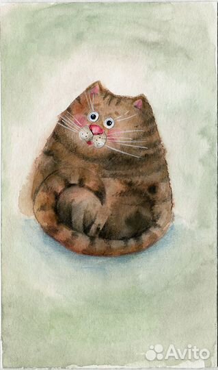 Толстый кот акварельная картина