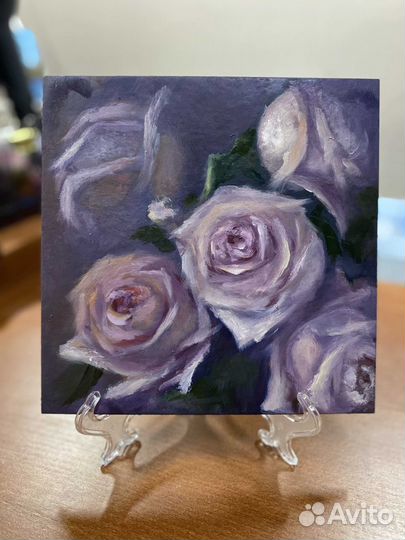 Картина маслом с цветами 20х20 см с подставкой