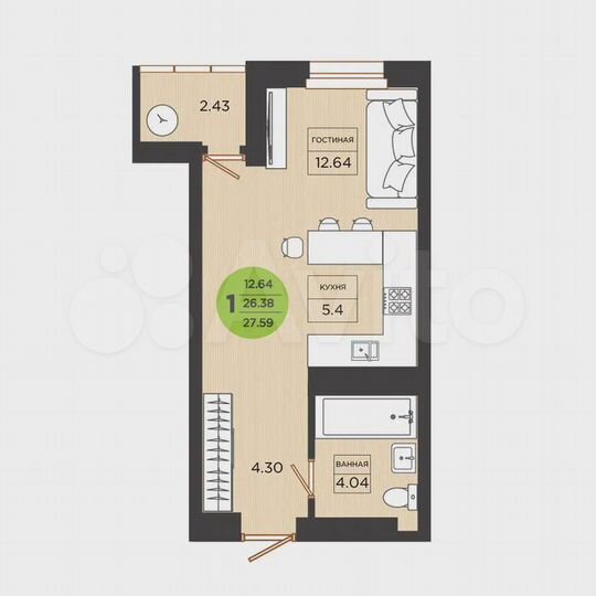 Квартира-студия, 27,6 м², 18/26 эт.