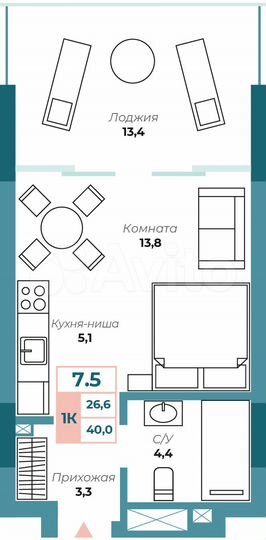 1-к. апартаменты, 40 м², 7/13 эт.