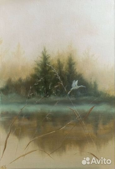 Картина маслом на холсте пейзаж с водой и птицей