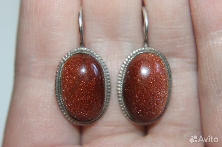 Серьги серебро 875 пробы СССР винтаж авантюрин