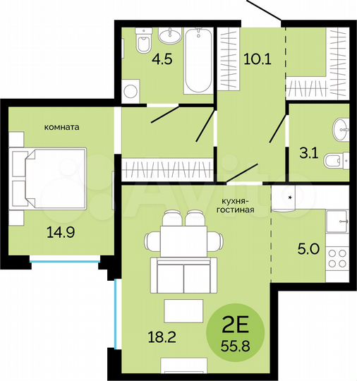 2-к. квартира, 55,8 м², 8/17 эт.