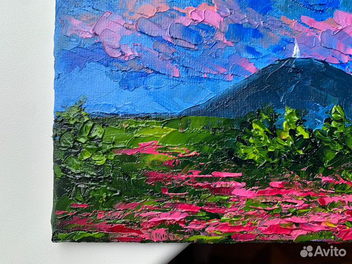 Картина маслом магнитик горный пейзаж Машук цветы