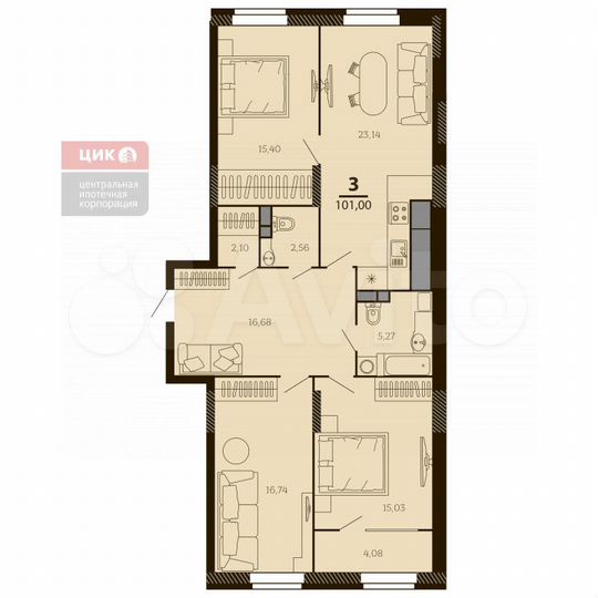 3-к. квартира, 101 м², 3/7 эт.