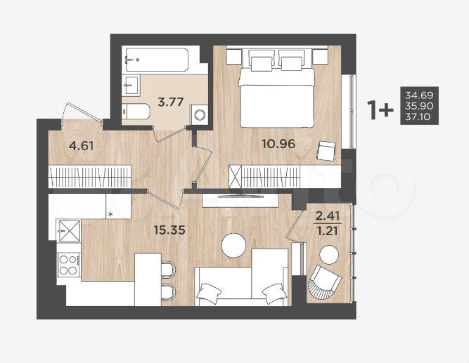 1-к. квартира, 35,9 м², 8/9 эт.