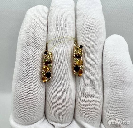 Золотые серьги с гранатом и цитрином