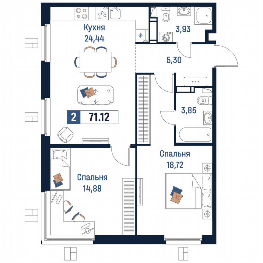 2-к. квартира, 71,1 м², 9/18 эт.