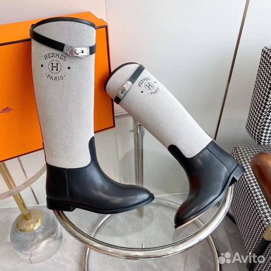 Сапоги женские Hermes холст кожа чёрные