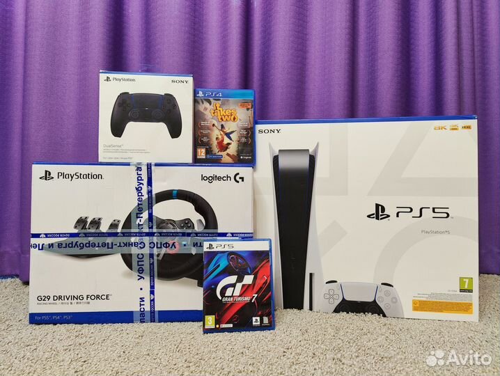 Комплект: PS5, Logitech G29, 2 геймпада, игры