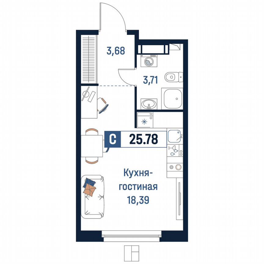 Квартира-студия, 25,8 м², 9/18 эт.