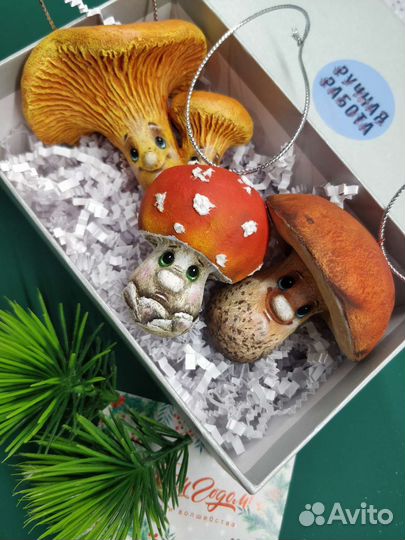 Елочные игрушки грибочки набор папье-маше