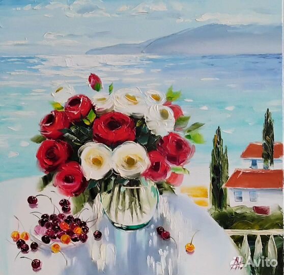 Картина холст масло 70*70 море розы утро