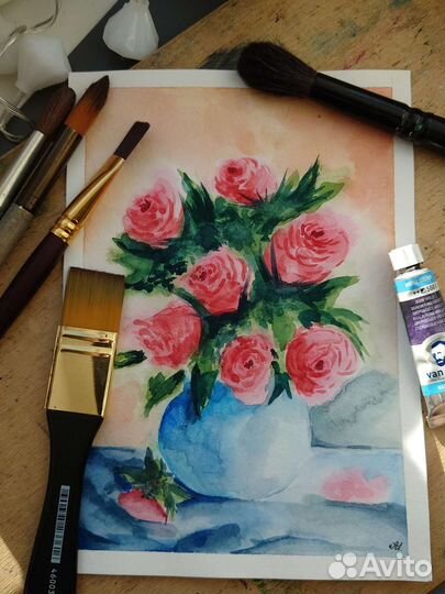 Картина розы в вазе 21х14 акварелью цветы