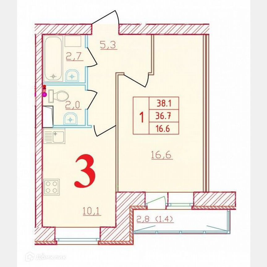 1-к. квартира, 38,1 м², 7/9 эт.
