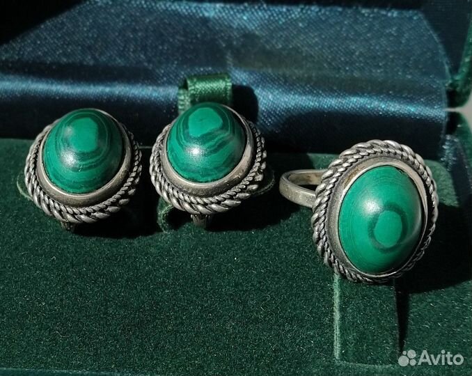Серьги кольцо серебро СССР 925 голова малахит
