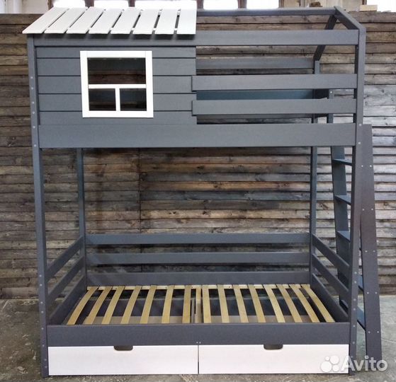Двухъярусная Эко кровать домик из дерева